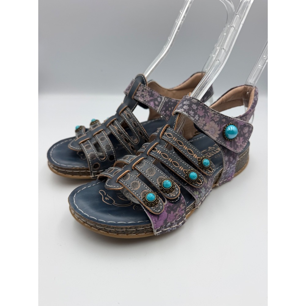 L'Artiste Spring Step Navy Purple Leather Floral Turquoise Studded Sandals 38